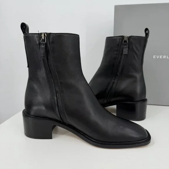 Everlane The City Boot in Black Leather sz 8 Women's Side Zip Block Heel Ankle - Picture 4 of 9